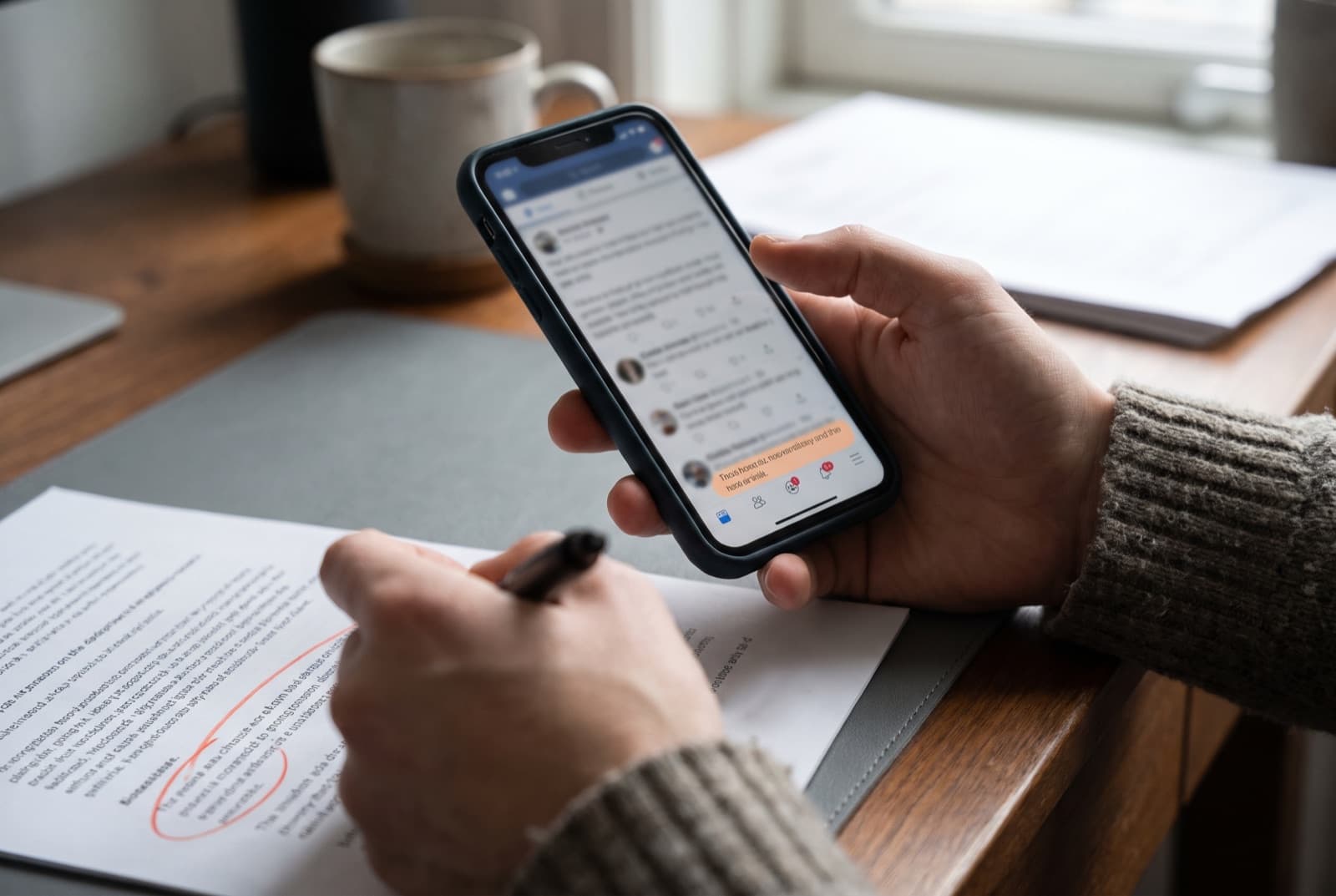 Hands holding a phone over a printed page with one line circled